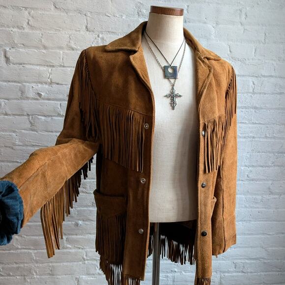 Vintage Jackets & Blazers - 70s Vintage Orange Suede Leather Jacket Fringe Biker Western Moto Bomber Coat